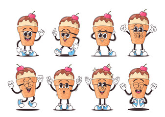 Wall Mural - set of cute cartoon ice cream cone characters features various facial expressions, poses, gestures a