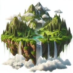 Wall Mural - Flying land with beautiful landscape, green grass and waterfalls mountains, isolated on white background