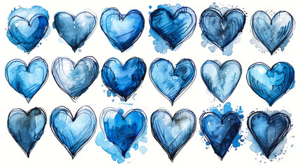 Wall Mural - Watercolor set of blue hearts on white background.