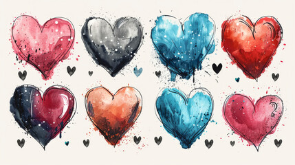 Wall Mural - A set of hearts drawn by watercolor paints on a white background.