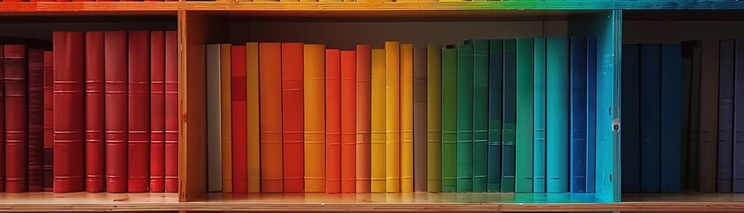 Wall Mural - A rainbow of books on a shelf. The books are arranged in a rainbow order, with the colors of the rainbow visible on the spines of the books. The shelf is full of books