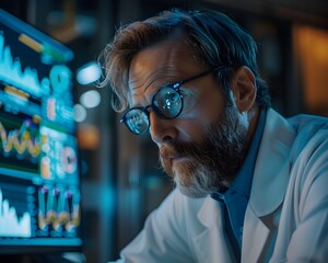 Poster - scientist deeply immersed in late night data analysis and discovery