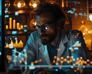 Poster - Scientist Analyzing Late Night Data on Computer Amidst Charts and Graphs Dedicated to Discovery