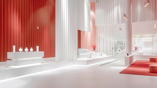 A cosmetics exhibition hall in the style of toning technique, subtle elegance, delicate simplicity, minimalist beauty, Minimalist interior design background. copy space for text.