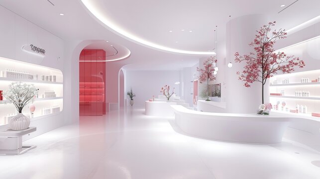 A cosmetics exhibition hall in the style of toning technique, subtle elegance, delicate simplicity, minimalist beauty, Minimalist interior design background. copy space for text.