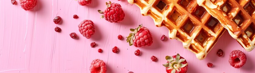 Wall Mural - Two waffles with whipped cream and fruit toppings on a pink background. The waffles are served with a variety of toppings including bananas, strawberries, and nuts. Concept of indulgence and enjoyment