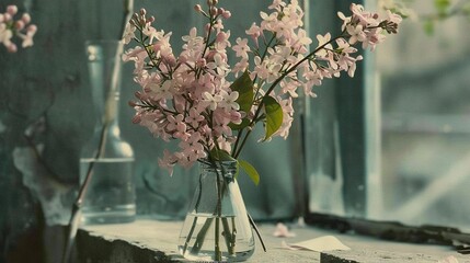 Wall Mural -   A pink-filled vase perched on a window sill, beside a glass vase holding water