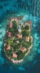 Wall Mural - Aerial Photography of a Lighthouse of a Luxury Resort with Bungalows on an Island