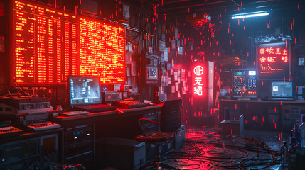 Poster - 3d illustration of a cyberpunk room with neon lights and computers