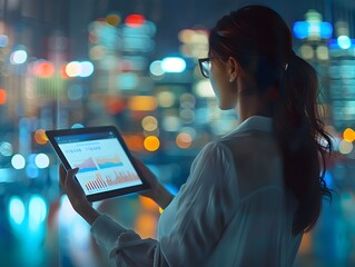 Poster - Businesswoman Reviewing Digital Financial Forecasts with Modern Cityscape