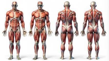 Anatomical illustration showcasing four views of the human body, highlighting muscular structure from back, front, left, and right sides, in detailed, labeled, grayscale diagrams.