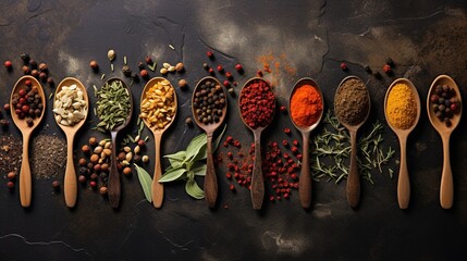 Wall Mural - Various spices spoons on stone table