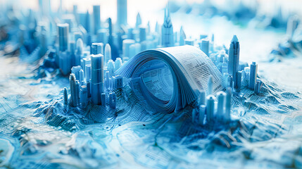 Poster - City on the map. Blue toned. 3D illustration.