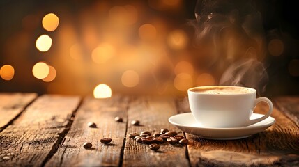 Poster - Cozy Cafe Coffee Break on Rustic Wooden Table with Steaming Cup