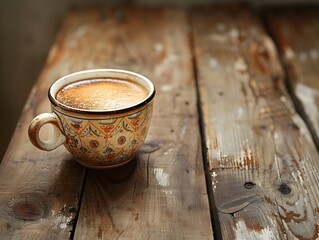 Wall Mural - Vintage Coffee Cup with Intricate Designs on Rustic Wooden Table