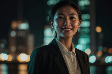 Happy Asian woman with a smile on her face is wearing a black suit and smiling at the camera against night city background