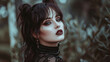 © steve - Portrait of a brunette Goth style inspired woman, fashion and make-up shoot. Gothic, Goth, Emo, New Wave, Dark style fashion. Dark smokey make-up, red lipstick. Dramatic. Elegant.