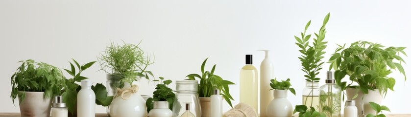 A white background with a lot of green plants and bottles of lotion and other items. Scene is calm and relaxing