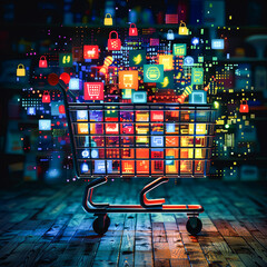 Poster - Shopping cart with colorful application icons on wooden floor background. 3D rendering