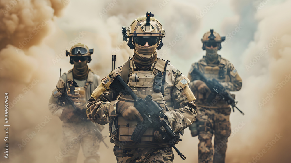 Three soldiers in advanced tactical gear march through a smoky ...