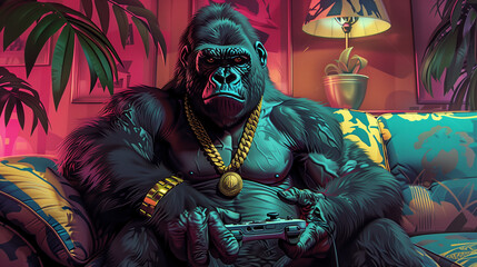 Muscular gorilla in a tight tank top and gold chain sits on a colorful pop art couch, holding a gamepad, focused on the game, with bright colors and geometric patterns in the background