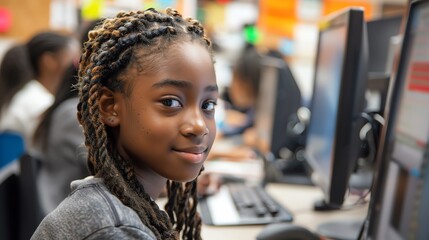 Young Black girl smiles while using a computer in a classroom setting.