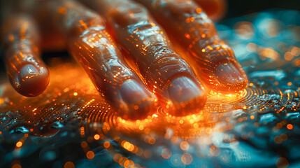 Poster - Close-up of human hand with glowing finger print on microcircuit board