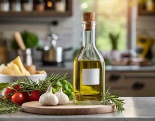 Wall Mural - olive oil and vegetables.close-up of an oil bottle with a blank label for culinary magazine spreads, set against a blurred kitchen background, highlighting the product's premium quality.