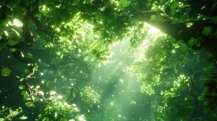 Wall Mural - A lush green forest with sunlight shining through the trees