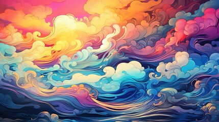 Wall Mural - an abstract and psychedelic wallpaper blending oceanic elements with vibrant colors