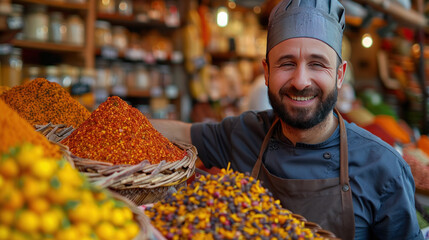 A joyful chef showcases lively spices at the market, capturing tradition and flavor in culinary artistry