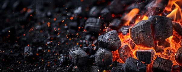 Wall Mural - Close-up of charcoal briquettes ignited with bright flames on the right, dark backdrop, representing barbecue theme, ample copy space