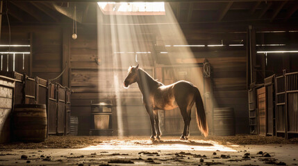 A horse in the barn is illuminated by the sun, showing traits of a pack and working animal