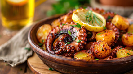 Wall Mural - Closeup high-quality photo of pulpo a la gallega, featuring octopus and boiled potatoes on a classic wooden plate, with space for text