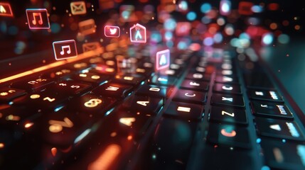 Poster - A keyboard with holographic icons floating above, representing the internet of things in a business context.