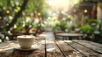 Wall Mural - Rustic Outdoor Caf Cappuccino with Artful Foam on Cozy Wooden Table