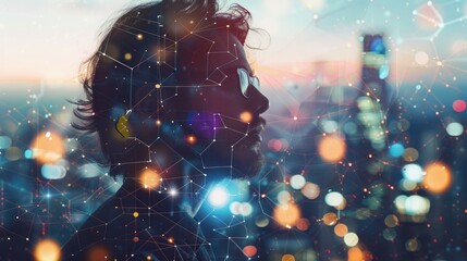 Poster - Businessman in profile, double exposure with digital communication symbols and a night city scene, highlighting networking.