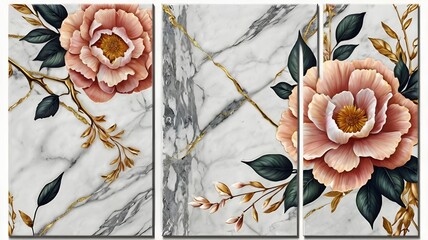 Wall Mural - 3 panel wall art, marble background flowers designs, wall decoration.