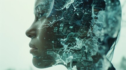 Poster - Close-up of a female cyborg head with intricate digital patterns, representing AI and futuristic technology. Double exposure.