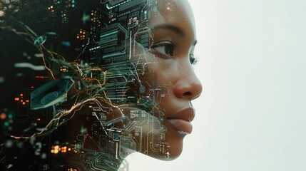 Poster - Close-up of a female cyborg head with intricate digital patterns, representing AI and futuristic technology. Double exposure.