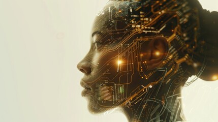 Poster - Close-up of a female cyborg head with intricate digital patterns, representing AI and futuristic technology. Double exposure.