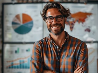Poster - proud businessman celebrating business success with growth graph data analysis