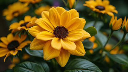 Poster - A yellow flower with a brown center is surrounded by other yellow flowers