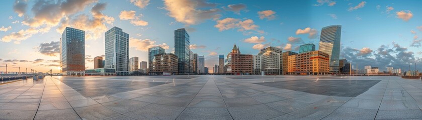 Wall Mural - A city skyline with a large empty plaza in the middle. The sky is clear and blue, and the buildings are tall and modern. The plaza is surrounded by trees, giving it a peaceful and serene atmosphere