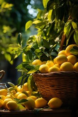 Wall Mural - basket with large ripe lemons stands in the foreground, sunlight passes through the leaves, a pastoral scene of peace and tranquility
