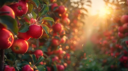 Wall Mural - stunning orchard with rows of trees, an abundance of red ripe apples on branches with green leaves, 
