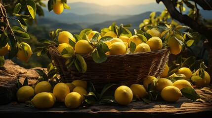 Wall Mural - abundance of ripe lemons on branches with green leaves, a basket with large ripe lemons stands in the foreground, sunlight passes through the leaves, a pastoral scene