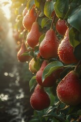 Wall Mural - Close-up of red pears hanging on branches in the garden. the orchard at sunset.