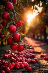 Wall Mural - A landscape with a stunningly beautiful orchard with an abundance of red apples on the branches in the golden hour, fruit picking. apple saved.