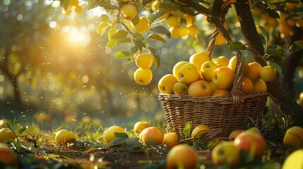 Wall Mural - orchard with yellow apples, a basket with large apples stands under a tree, sunlight passes through the leaves, a pastoral scene of peace and tranquility